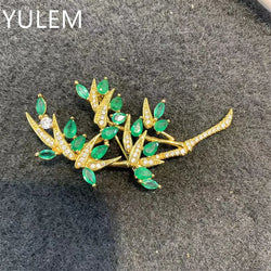 925 Sterling Silver Natural Emerald Brooch with Bamboo Leaves for Women