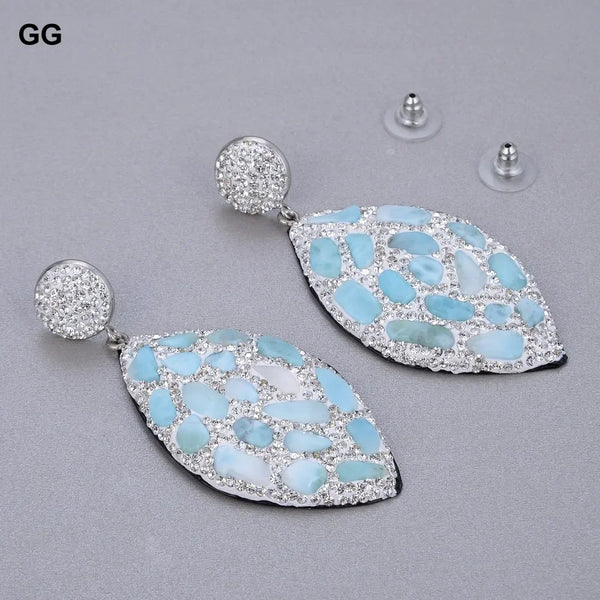 Sterling Silver Natural Blue Larimar Stone Rhinestone Dangle Stud Earrings for Women