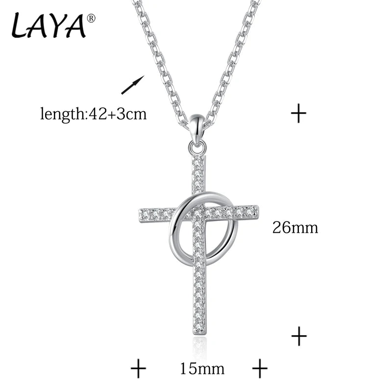 925 Sterling Silver Cross and Circle Pendant Necklace with CZ for Unisex