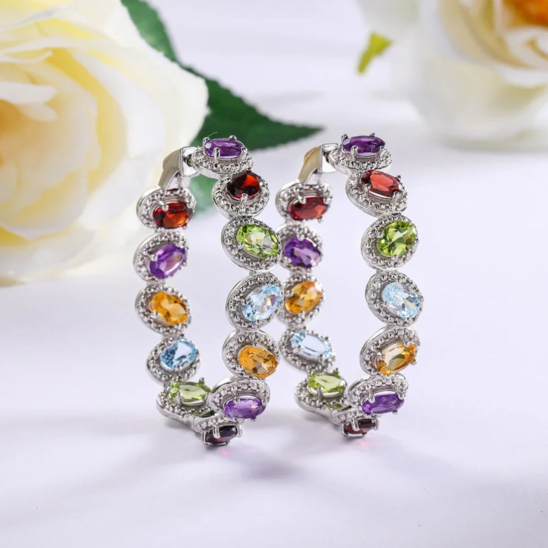 925 Sterling Silver Big Hoop Earrings with Garnet, Peridot, and Amethyst Gemstones for Women