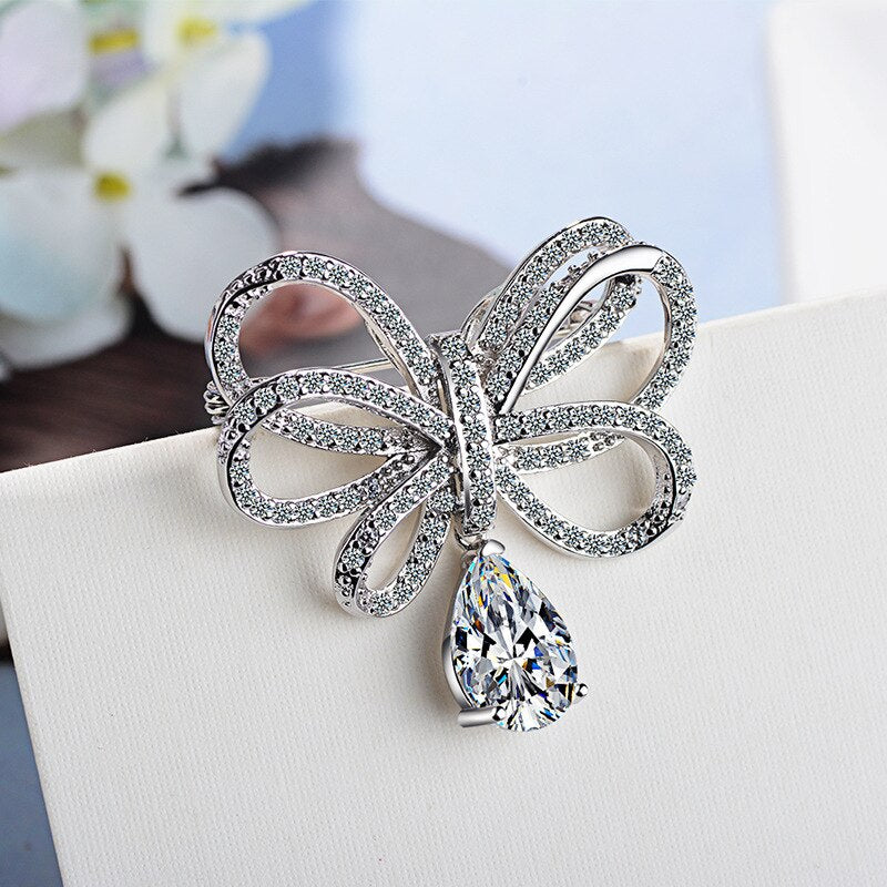 S925 Sterling Silver CZ Crystal Cute Bowknot Brooche for Women