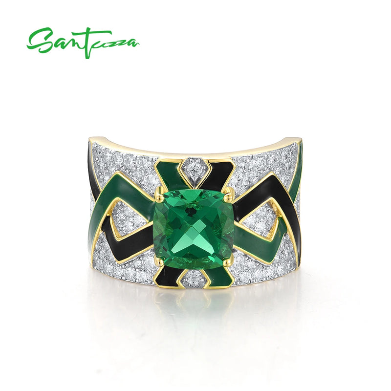 Sterling Silver Green Spinel Enamel Ring Set for Women