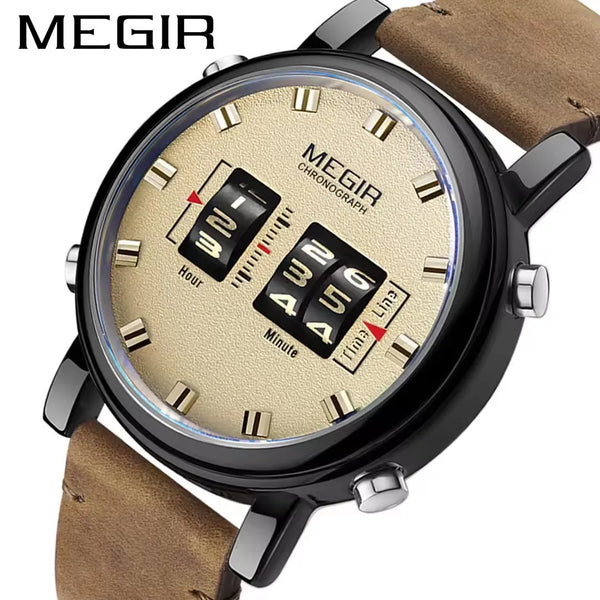 Stainless Steel Brown Leather Military Sport Quartz Watch for Men