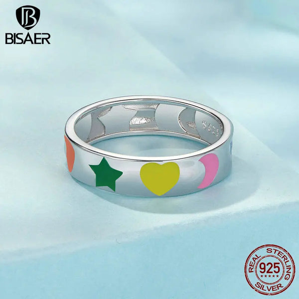 925 Sterling Silver Rainbow Enamel Wide Ring for Women