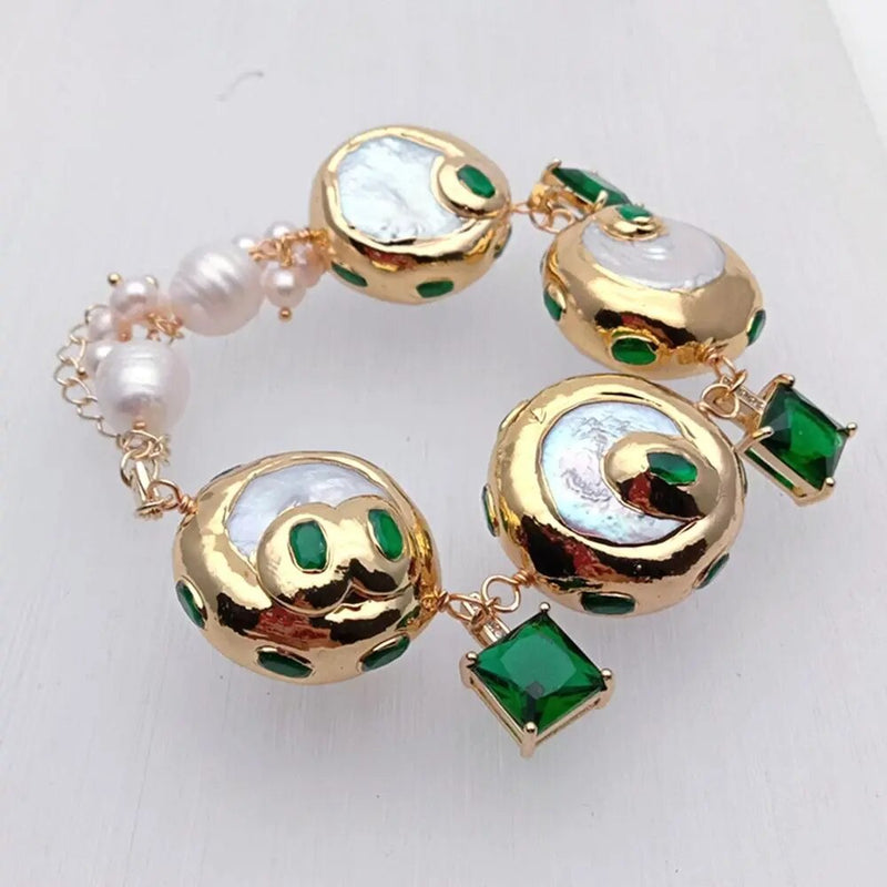 Sterling Silver Cultured White Keshi Coin Pearl & Green CZ Square Charm Bracelet for Women