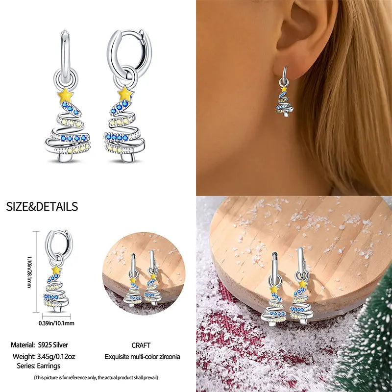 925 Silver Christmas Tree Bell Garland Earrings for Women