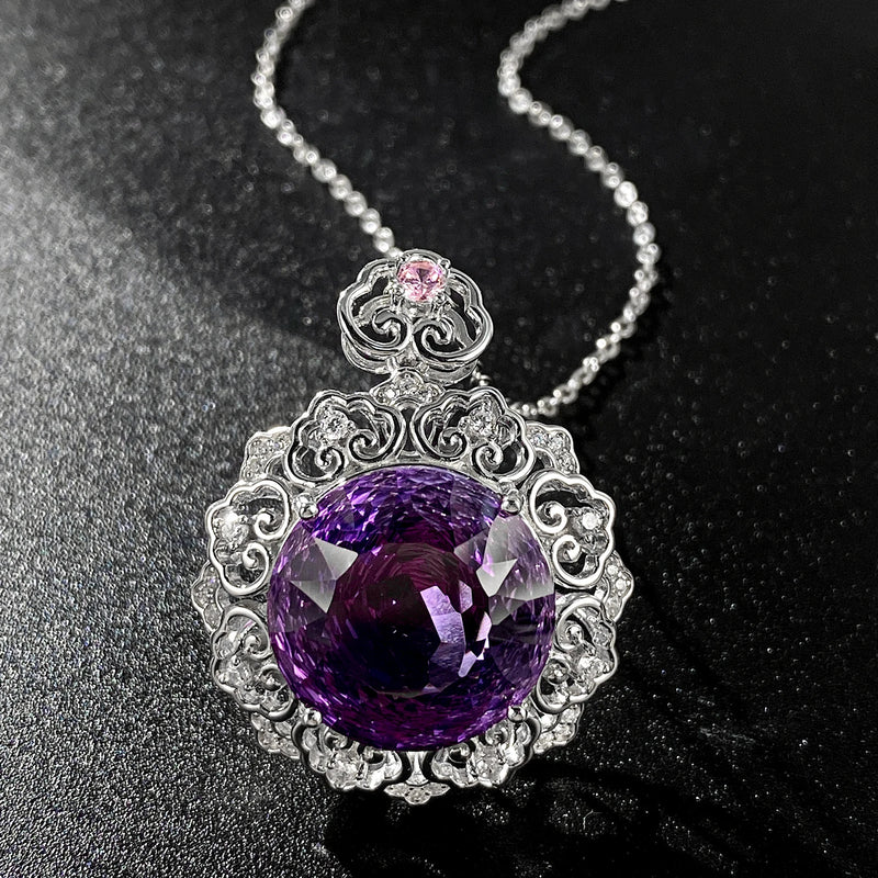 925 Sterling Silver Amethyst Round Pendant Necklace for Women