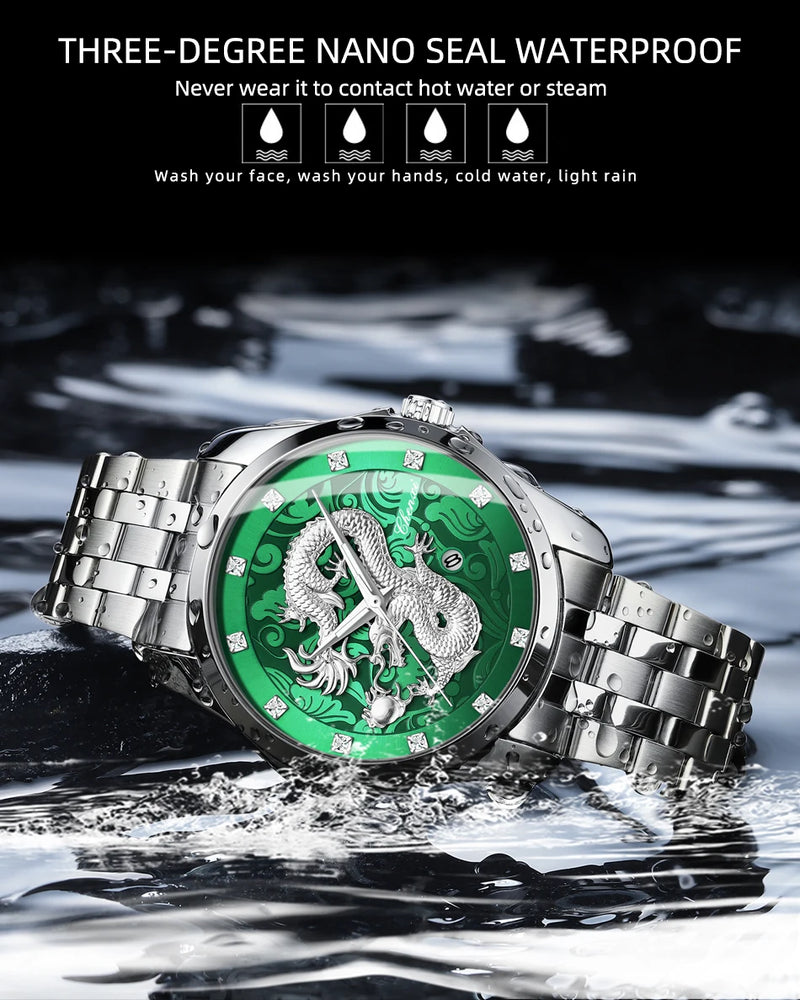 Stainless Steel Dragon Totem Embossed Wrist Watch for Men