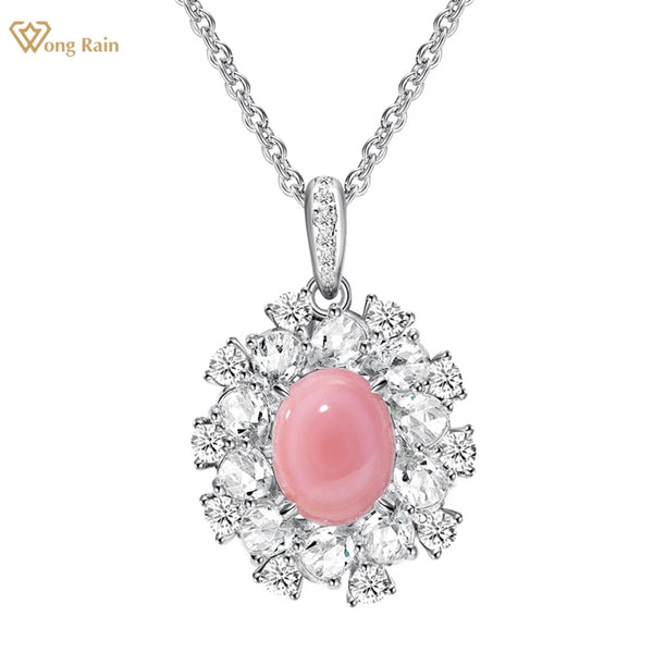 Wong Rain 925 Sterling Silver 7*9 MM Oval Conch Pinkshells High Carbon Diamond Gemstone Pendant Necklace Fine Jewelry for Women