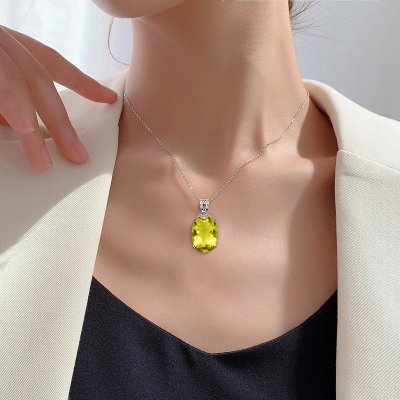 Sterling Silver Oval Lemon Quartz Pendant Necklace for Women