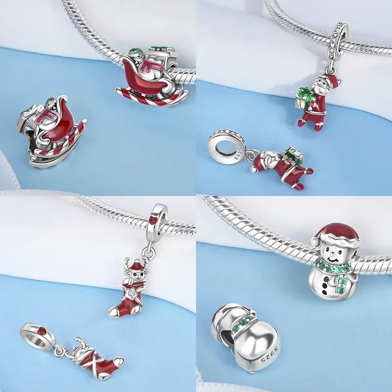 Sterling Silver Christmas Tree Heart Charm Beads for Women