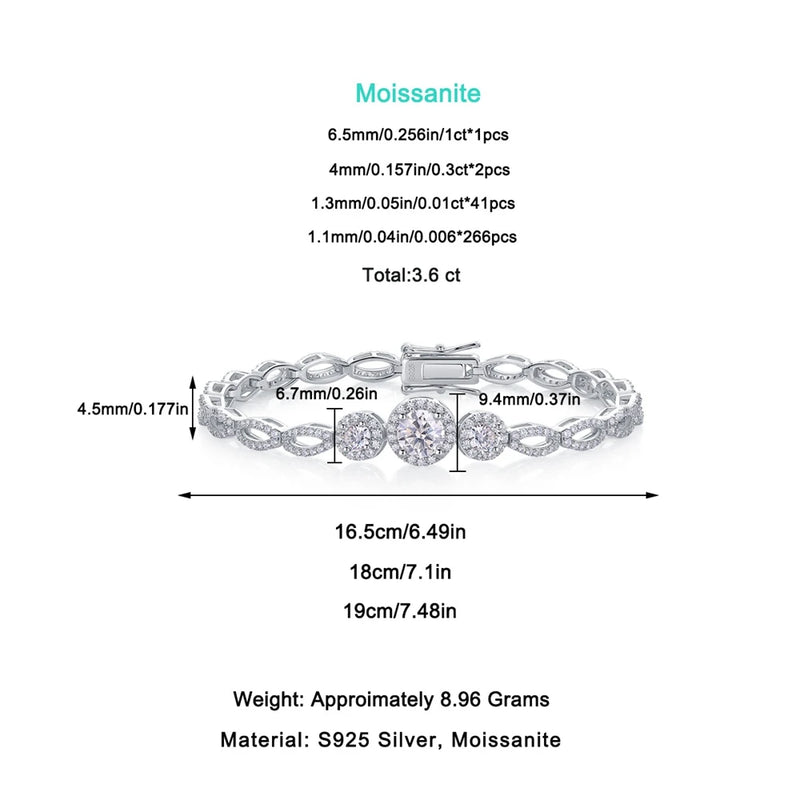 925 Sterling Silver Moissanite 3EX D Color Round Cut Bracelet for Women