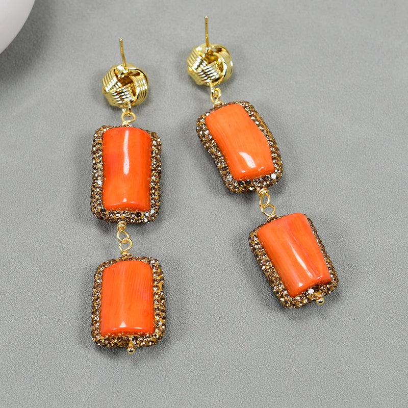 Sterling Silver Natural Orange Coral Branch Dangle Stud Earrings for Women