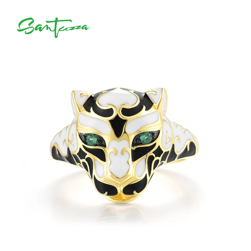 Sterling Silver Black White Leopard Ring with Green Spinel for Women