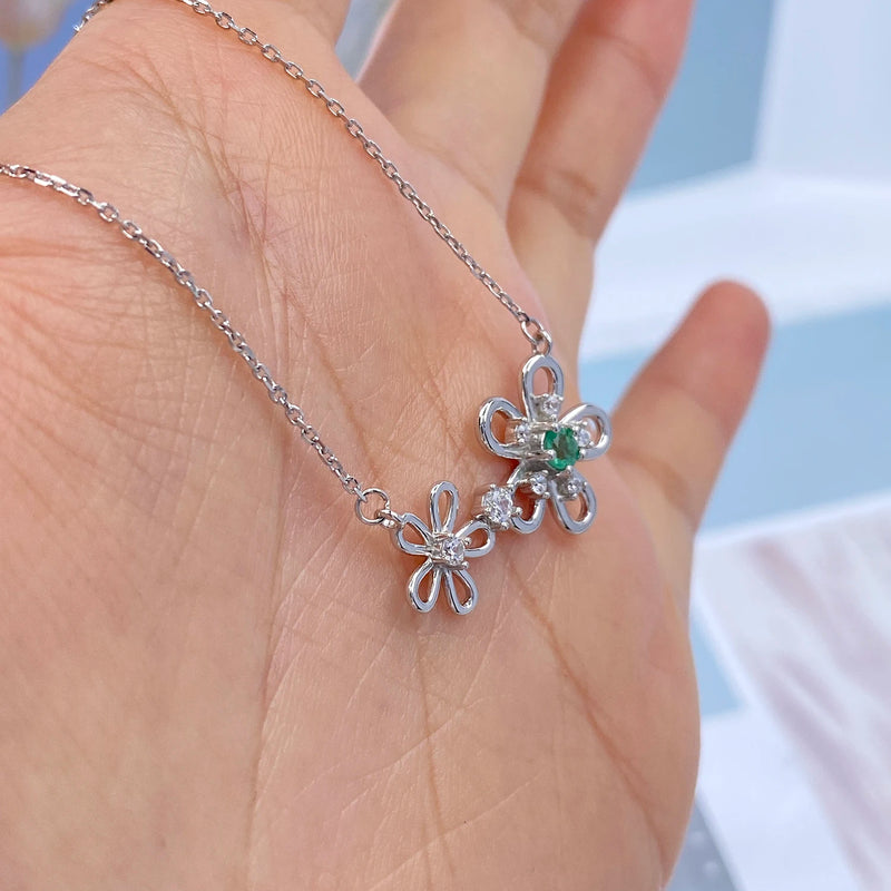 Sterling Silver Natural Emerald Flower Pendant Necklace for Women