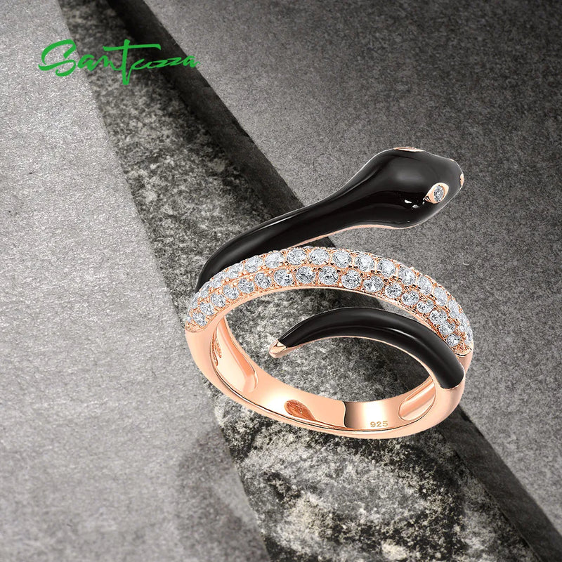 Sterling Silver Ring with White CZ Enamel Snake for Women