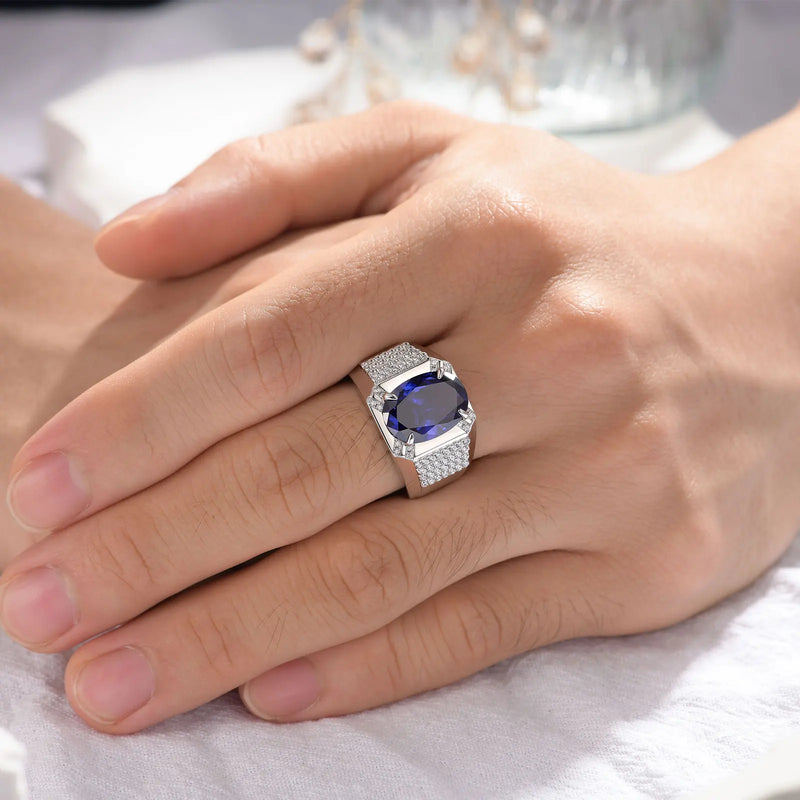 Sterling Silver Grand Oval Created Tanzanite Rings for Men