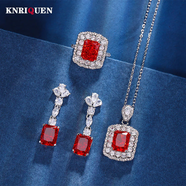 Sterling Silver Ruby Necklace Pendant Earrings Set for Women