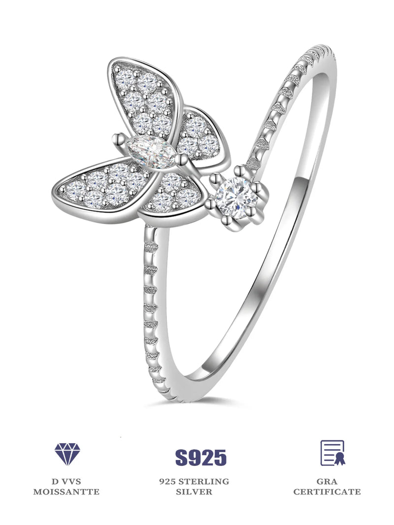 Sterling Silver Butterfly Moissanite Ring for Woman