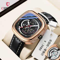 Stainless Steel Dawn Square Hollow Out Automatic Mechanical Watch for Men