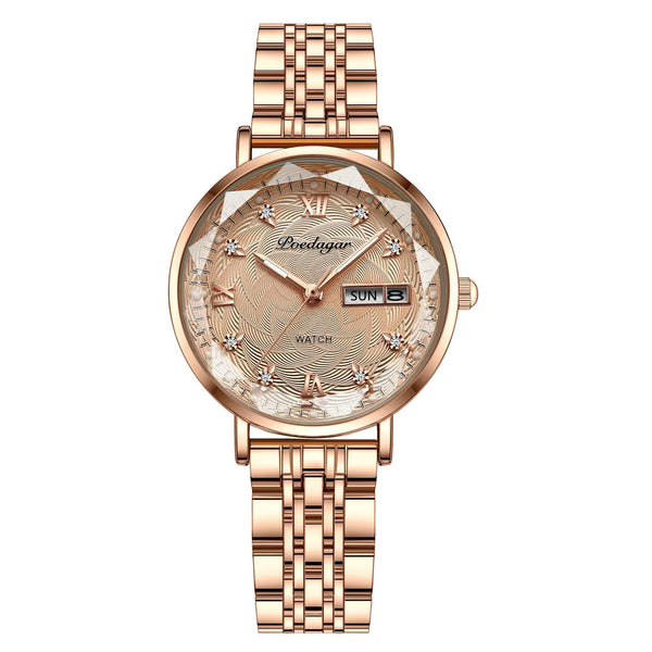 Stainless steel Luminous Quartz Date Week Waterproof Watch for women