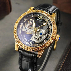 Stainless Steel Leather Strap Mechanical Skeleton Tourbillon Hollow Out Watch for Men