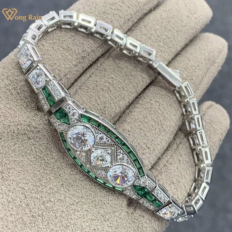 Sterling Silver Round Cut Emerald High Carbon Diamond Bracelet