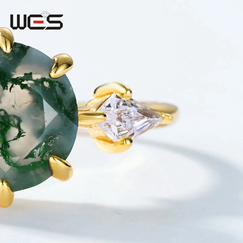 Gold Plated Moss Agate Classic Ring for Women