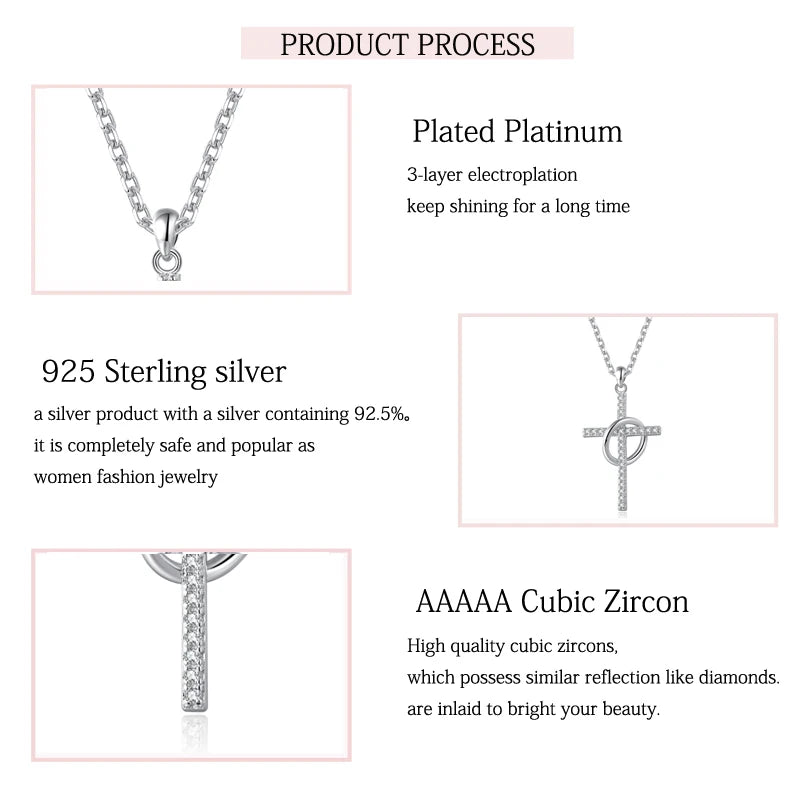 925 Sterling Silver Cross and Circle Pendant Necklace with CZ for Unisex