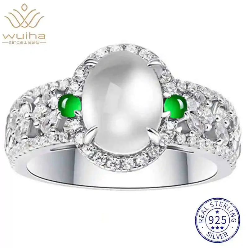 925 Sterling Silver Sapphire Jade High Carbon Diamonds Ring