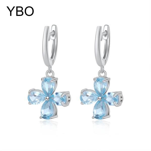 925 Sterling Silver Blue Topaz Dangle Earrings with Flower Design for Women