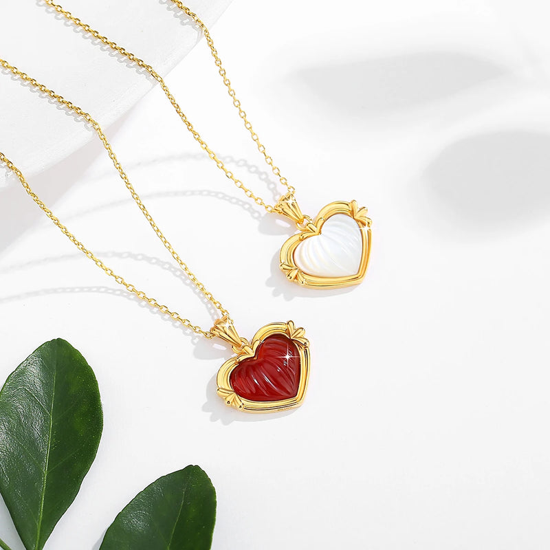 18k Gold Red Agate Heart Pendant Necklace for Women