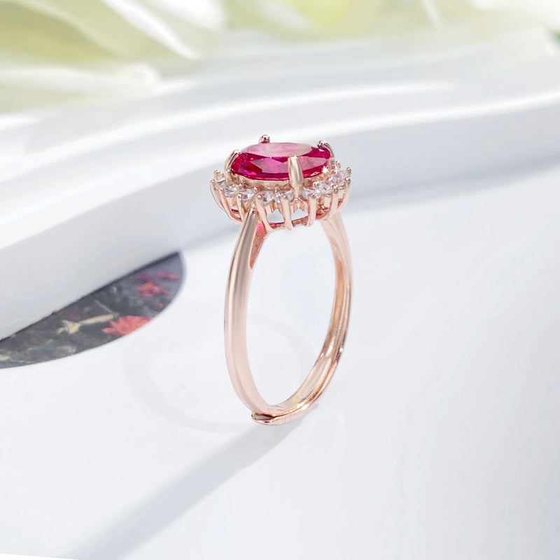 18K Rose Gold Plated Sterling Silver Red Corundum CZ Ring for Women