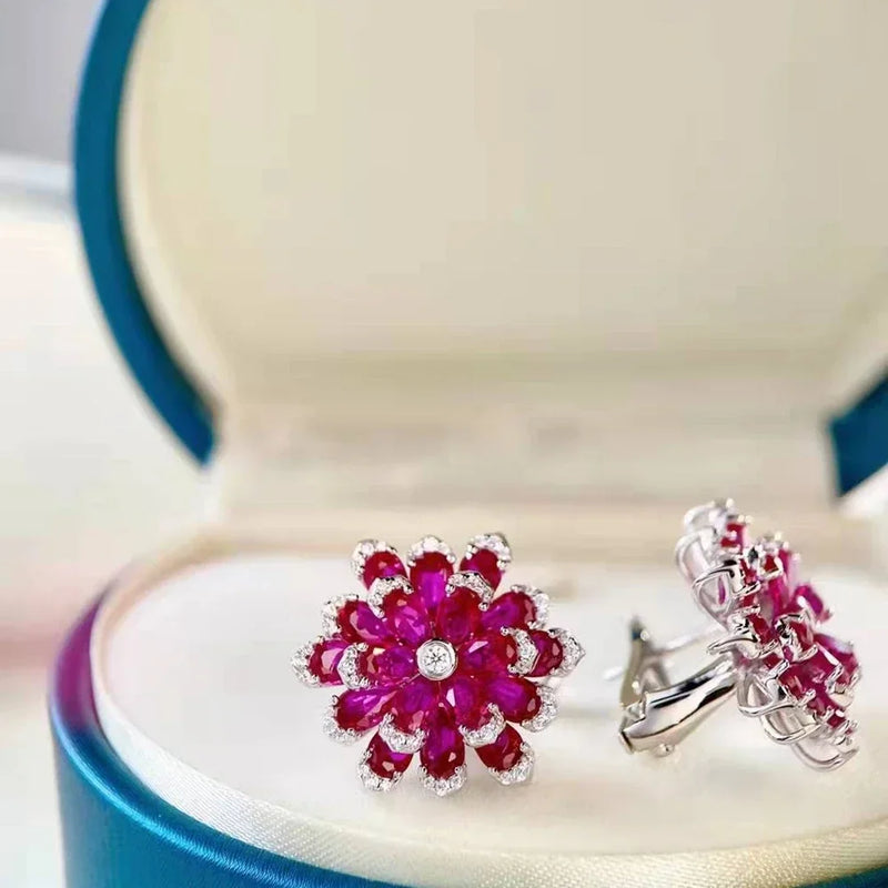 925 Sterling Silver Ruby & Diamond Flower Earrings for Women