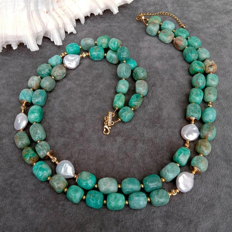 Sterling Silver Freshwater Cultured White Coin Pearl & Green Amazonite Necklace for Women