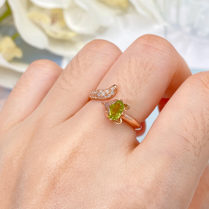 925 Sterling Silver Peridot CZ Gemstone Fox Animal Ring for Women