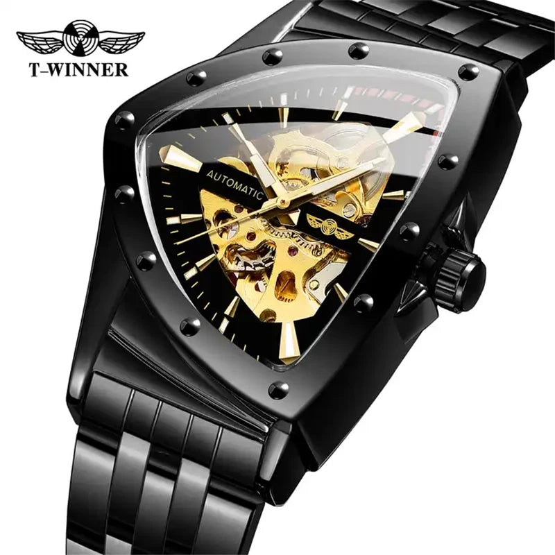 Golden Stainless Steel Skeleton Wrist Watch for Men