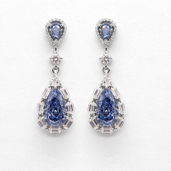 Wong Rain 100% 925 Sterling Silver Sparkling Pear Cut Sapphire Gemstone Water Drop Earrings for Women Wedding Party Stud Jewelry
