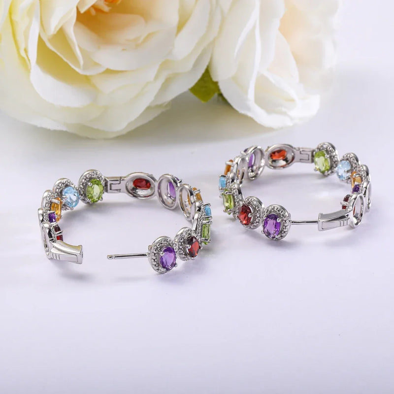 925 Sterling Silver Big Hoop Earrings with Garnet, Peridot, and Amethyst Gemstones for Women