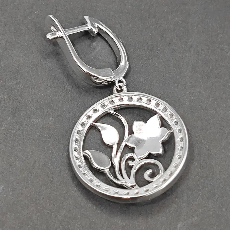 Sterling Silver Round Dangle Flower Earrings for Woman