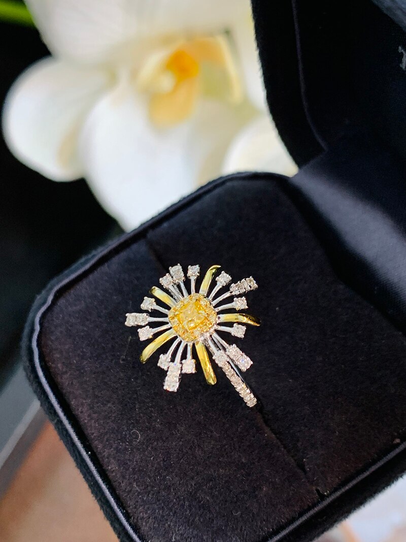 18K White Gold 1.00ct Natural Yellow Diamond Flower Shape Ring for Women