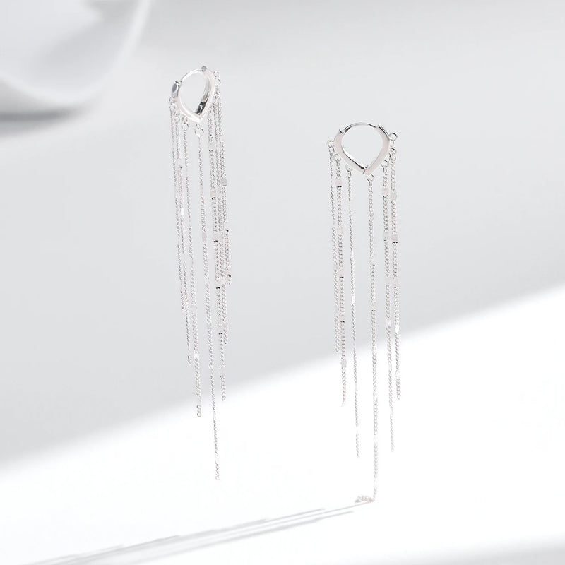 Sterling Silver Sparkling Long Tassel Hoop Earrings for Women