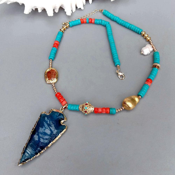 Y.YING Multi Gemstone Necklace Blue Turquoise Red Coral Carnelian Necklace Blue Quartz Arrow Head Pendant