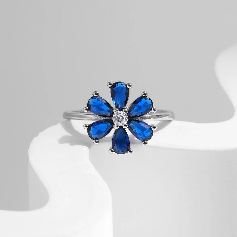 Sterling Silver Blue Water Drop Flower Ring for Women