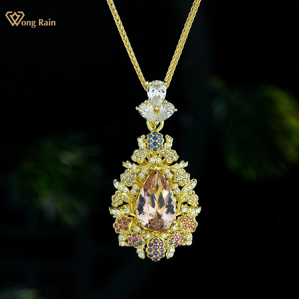 Wong Rain 18K Gold Plated 925 Sterling Silver 3.5CT Morganite High Carbon Diamond Gemstone Water Drop Pendant Necklace Jewelry