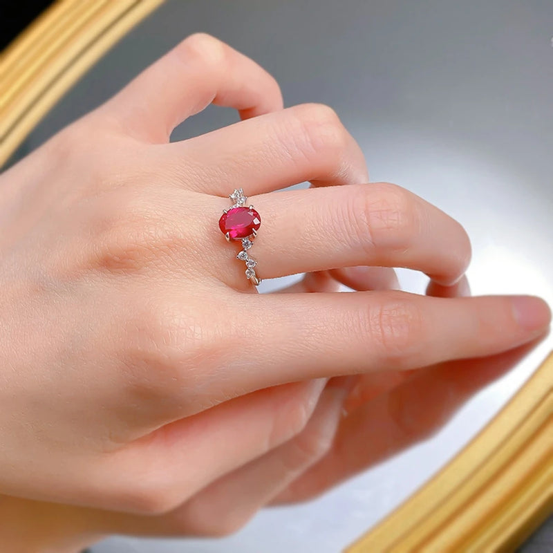 925 Sterling Silver Oval Cut 6*8 MM Ruby High Carbon Diamond Gemstone Ring