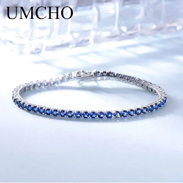 925 Sterling Silver Sapphire Blue Zircon Tennis Bracelet, 18-19cm for Women