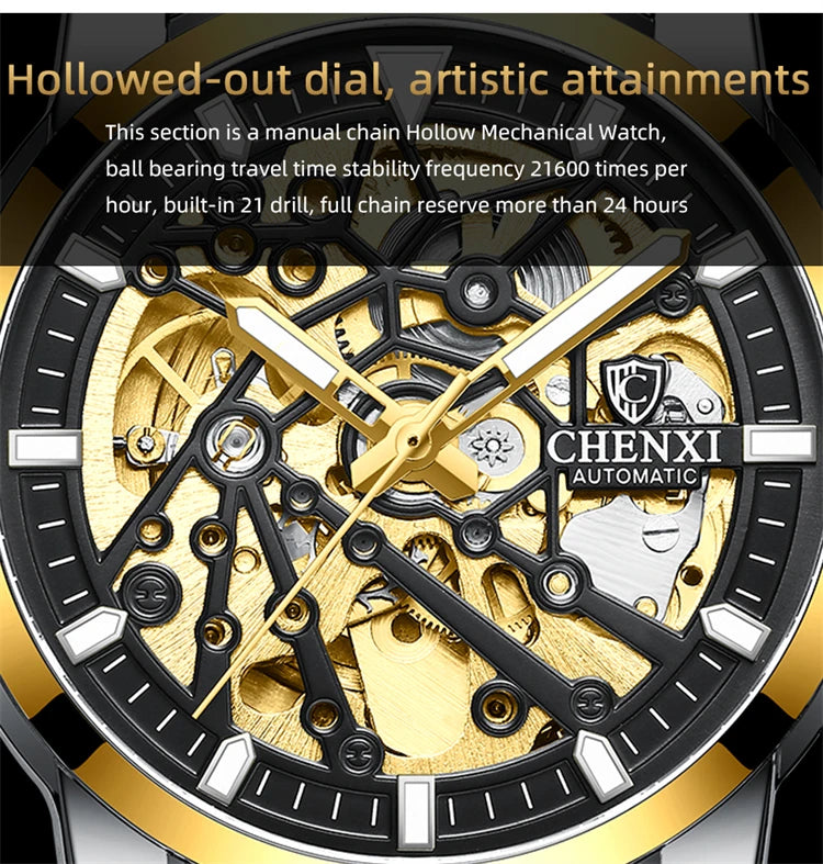 Stainless Steel Leather Strap Automatic Mechanical Watch for Men