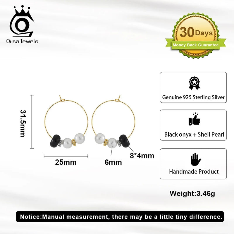 925 Silver Black Agate Shell Pearl Hoop Earrings for Women