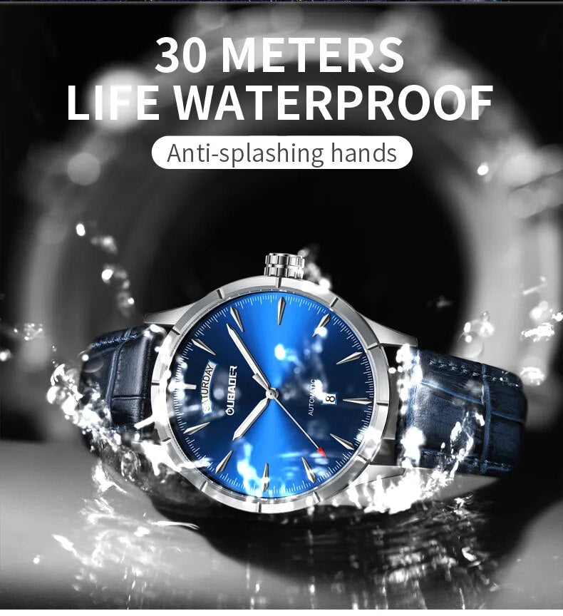 Stainless Steel Automatic Mechanical Watch with Leather Band, 30m Waterproof, for Men